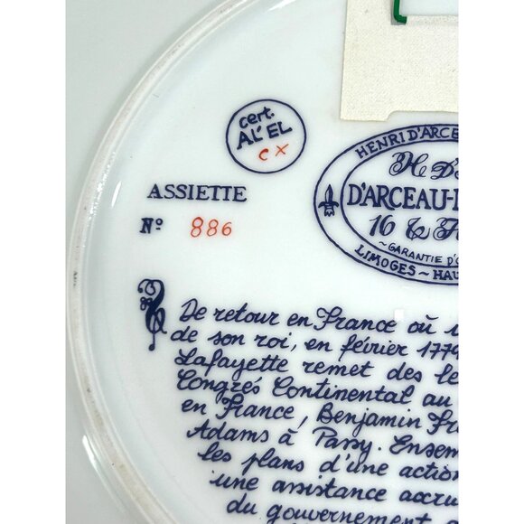 Henri D’Arceau Limoges Vintage Plate 1977 Lafayette Benjamin Franklin Message Fr - Picture 11 of 14